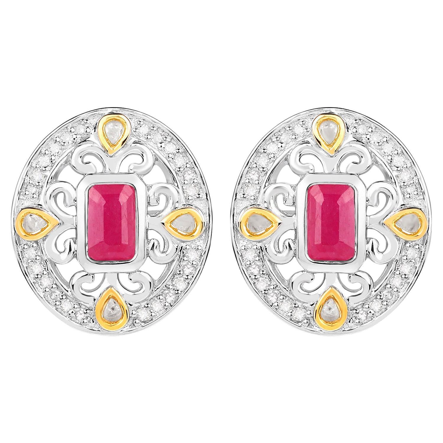 Boucles d
oreilles rubis Halo Diamants 0.7 Carats Argent plaqué or jaune 18K
