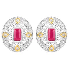Boucles d
oreilles rubis Halo Diamants 0.7 Carats Argent plaqué or jaune 18K