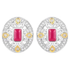 Pendientes de rubí Halo de diamantes 0,7 quilates Plata chapada en oro amarillo de 18 quilates