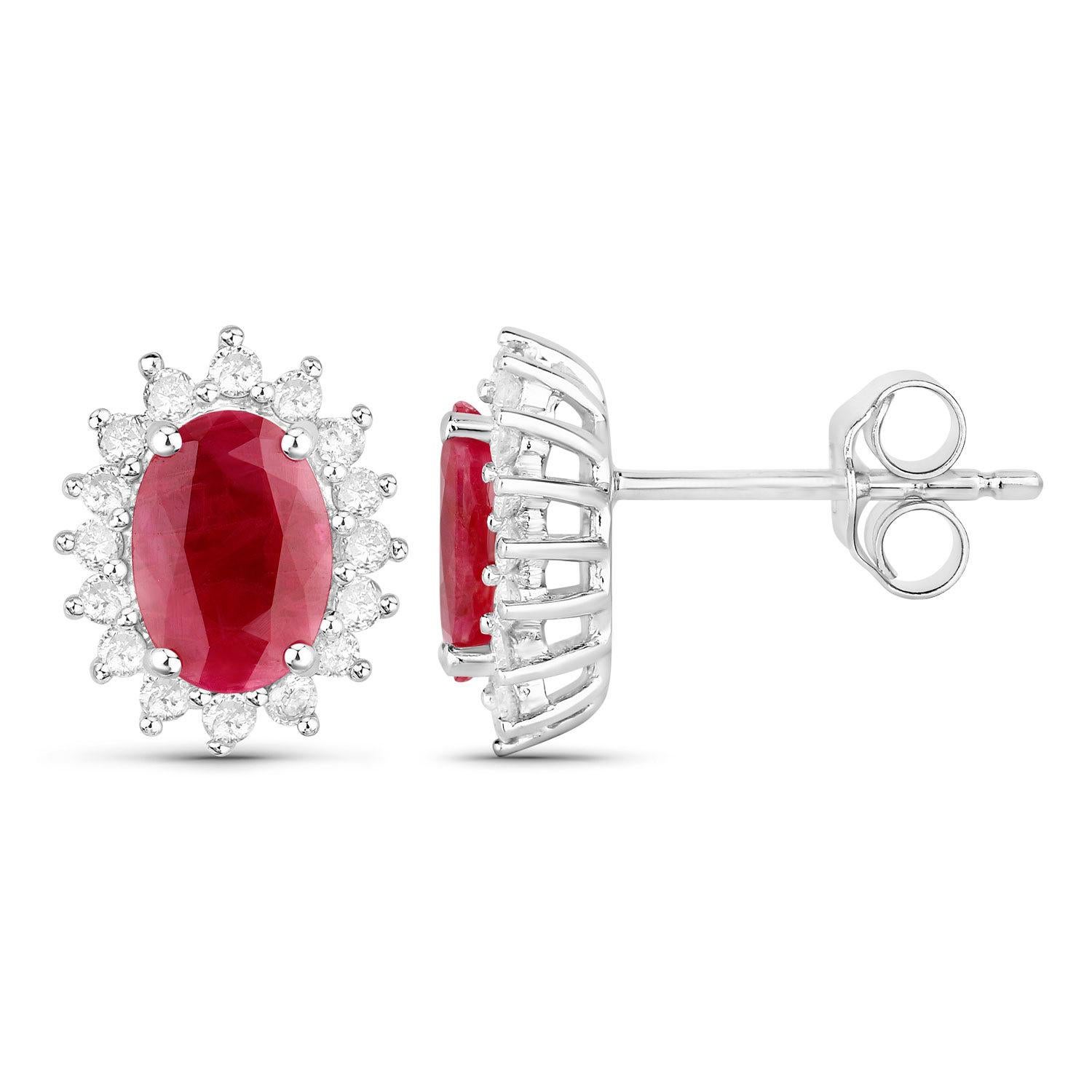 Contemporaneo Ruby Earrings Halo Diamonds 2 Carats 14K White Gold in vendita