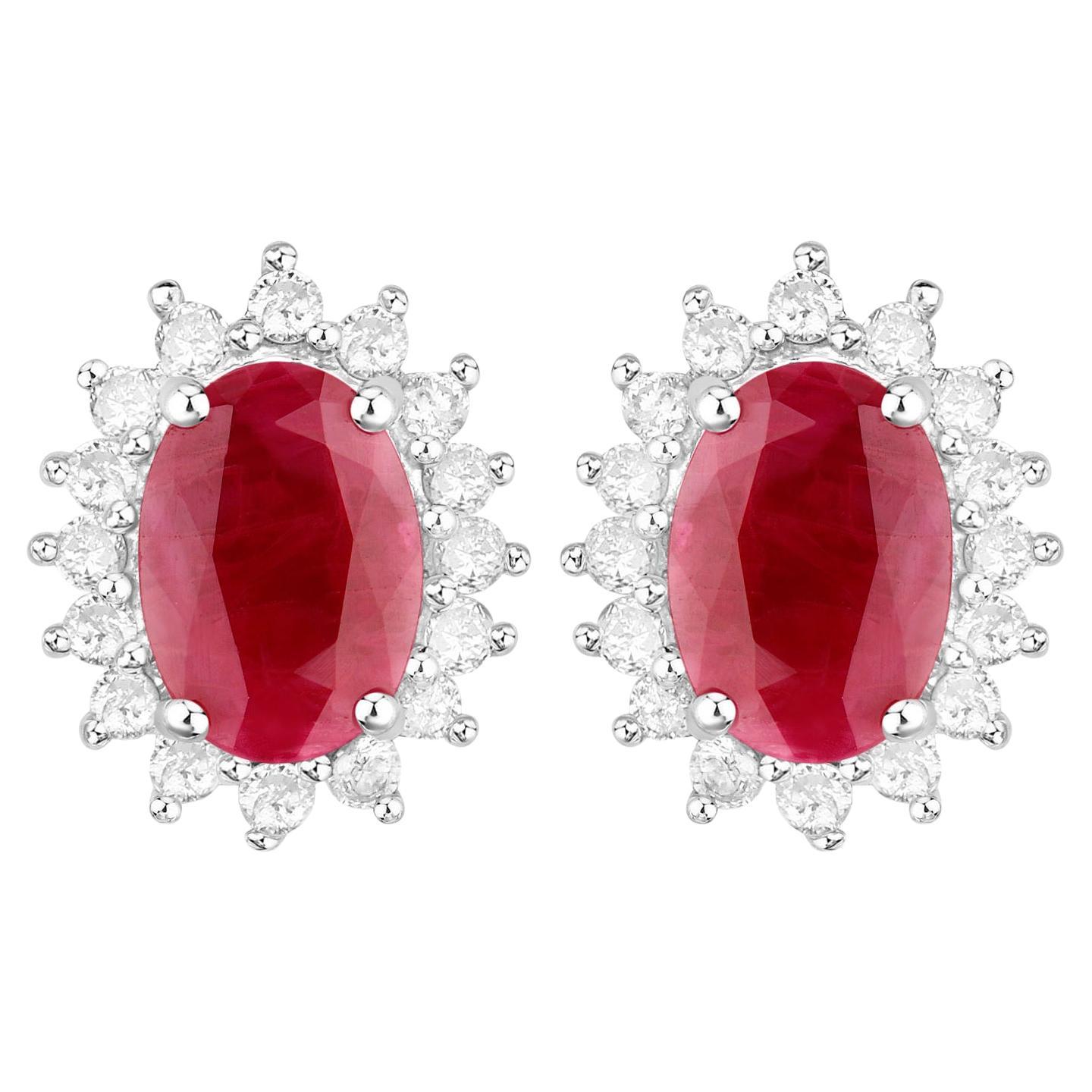 Ruby Earrings Halo Diamonds 2 Carats 14K White Gold