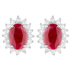 Ruby Earrings Halo Diamonds 2 Carats 14K White Gold