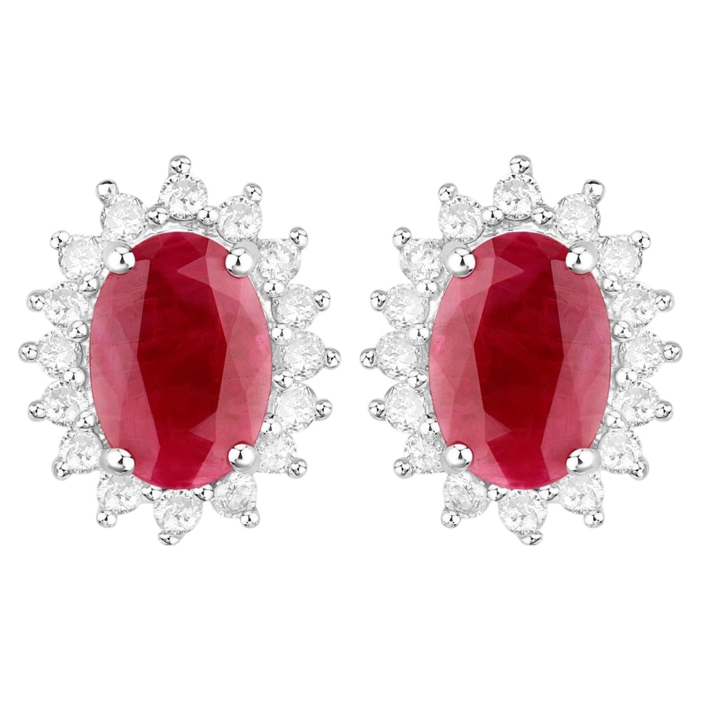 Ruby Earrings Halo Diamonds 2 Carats 14K White Gold For Sale