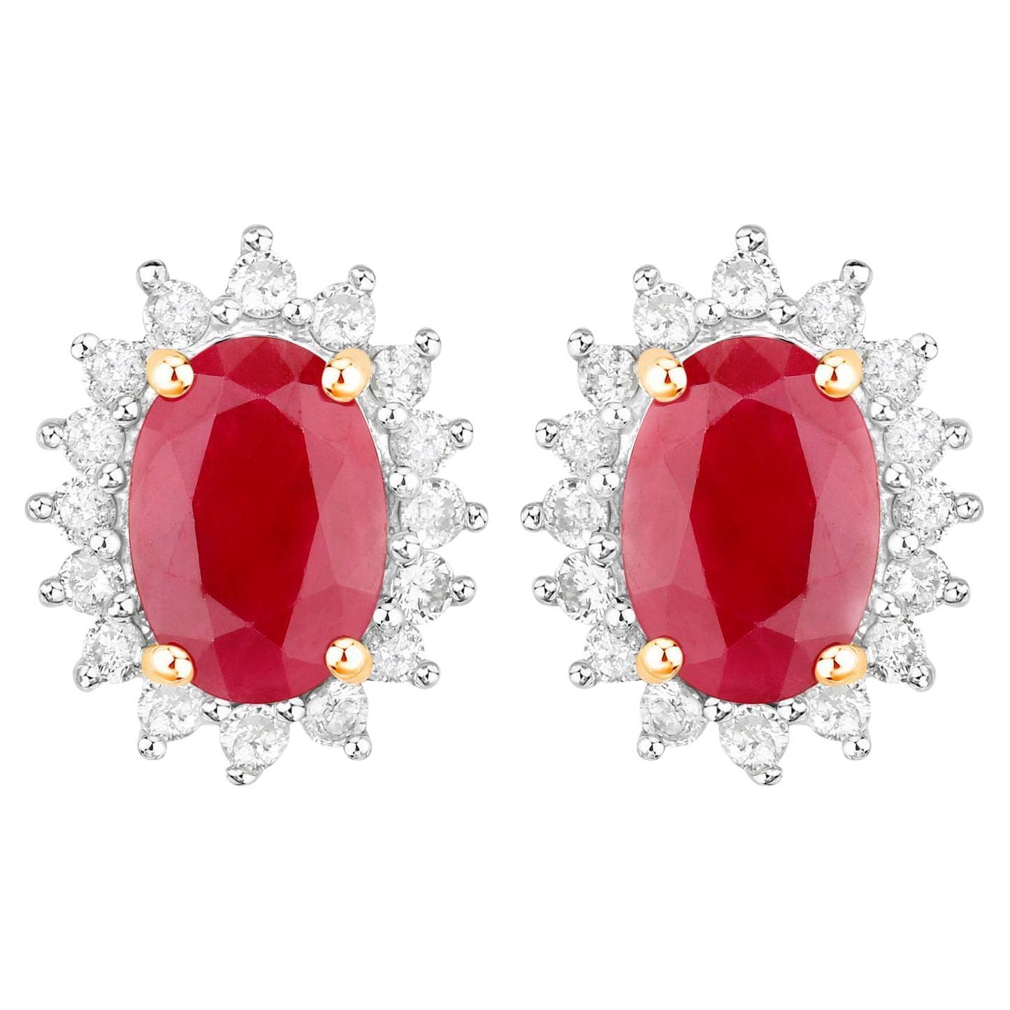 Ruby Earrings Halo Diamonds 2 Carats 14K Yellow Gold For Sale