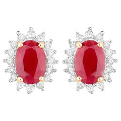 Ruby Earrings Halo Diamonds 2 Carats 14K Yellow Gold