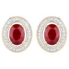 Ruby Earrings Halo Diamonds 2.1 Carats 14K Yellow Gold
