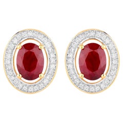 Ruby Earrings Halo Diamonds 2.1 Carats 14K Yellow Gold