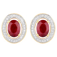 Ruby Earrings Halo Diamonds 2.1 Carats 14K Yellow Gold