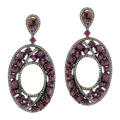 Boucles d'oreilles rubis en or jaune 18k et argent, serties de diamants pavés