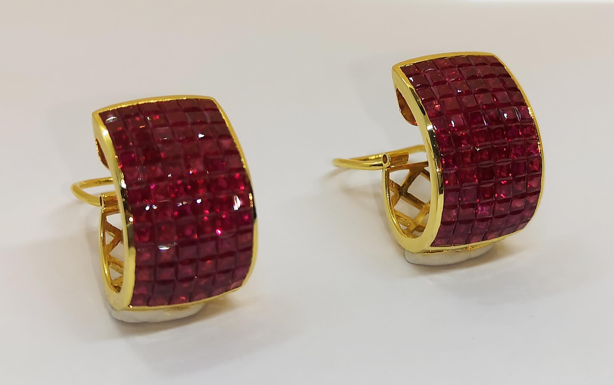 Princess Cut Ruby Earrings Set in 18 Karat Gold Settings For Sale