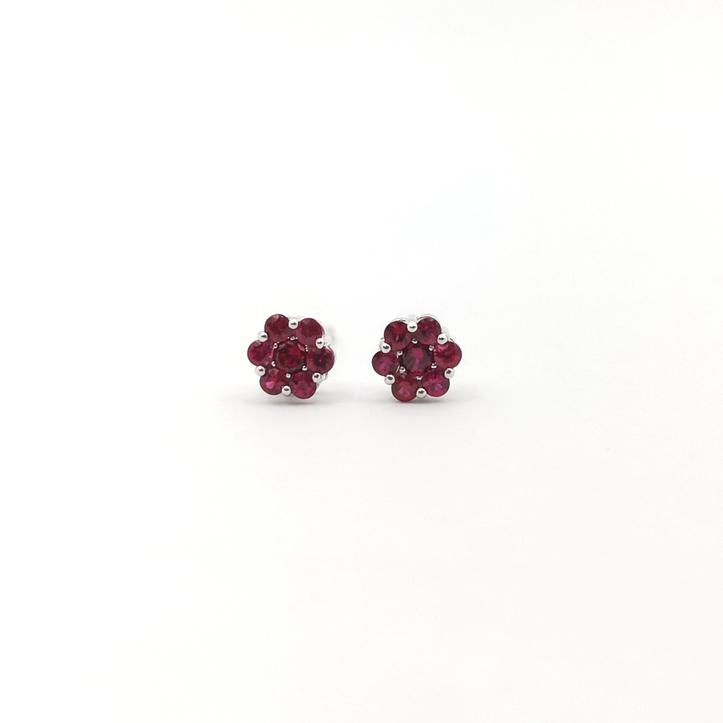 Round Cut Ruby Earrings set in 18K White Gold Settings For Sale