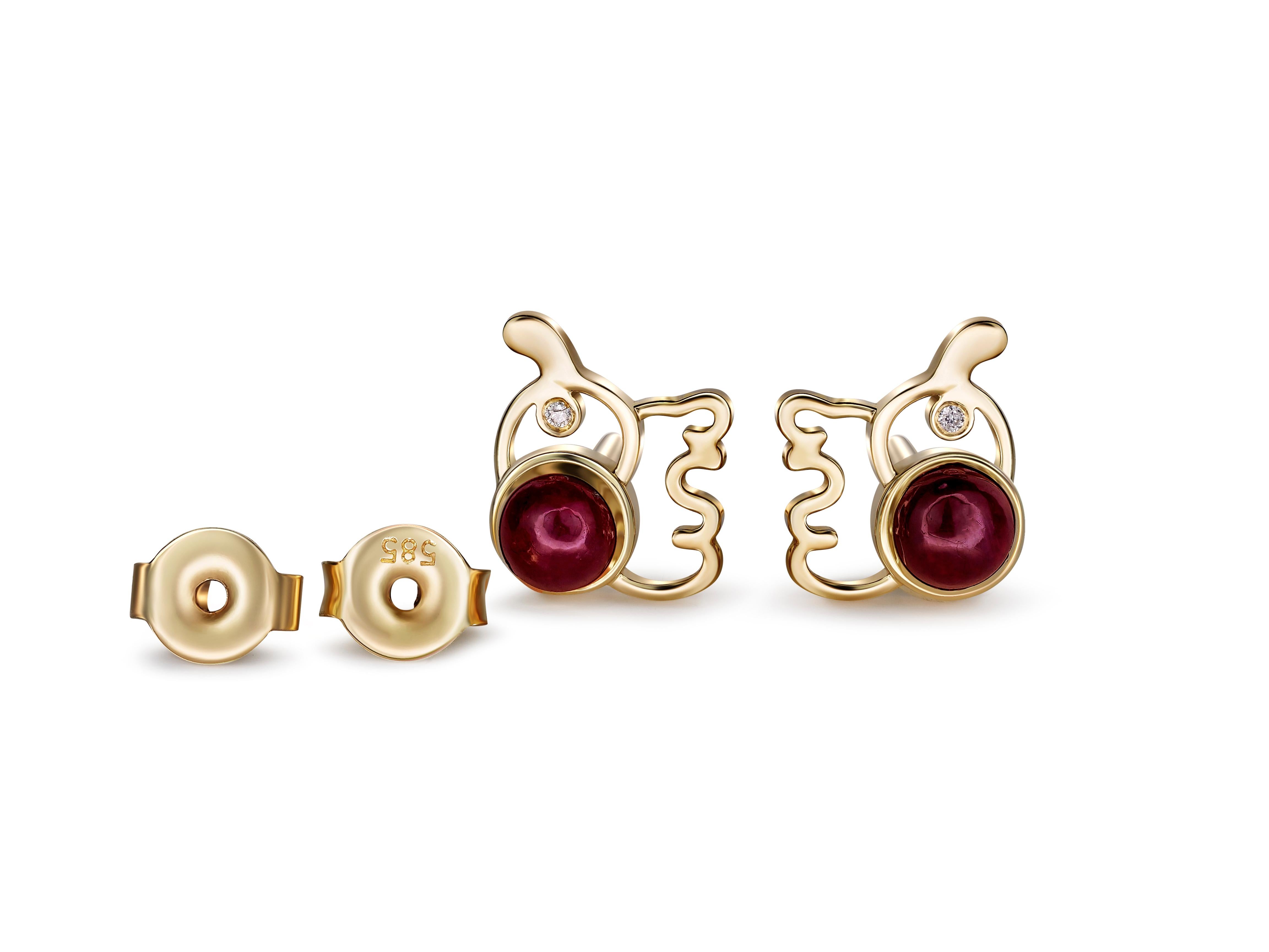 Round Cut Ruby Earrings Studs in 14 Karat Gold, Elephant Ruby Studs, Cabochon Ruby Studs For Sale