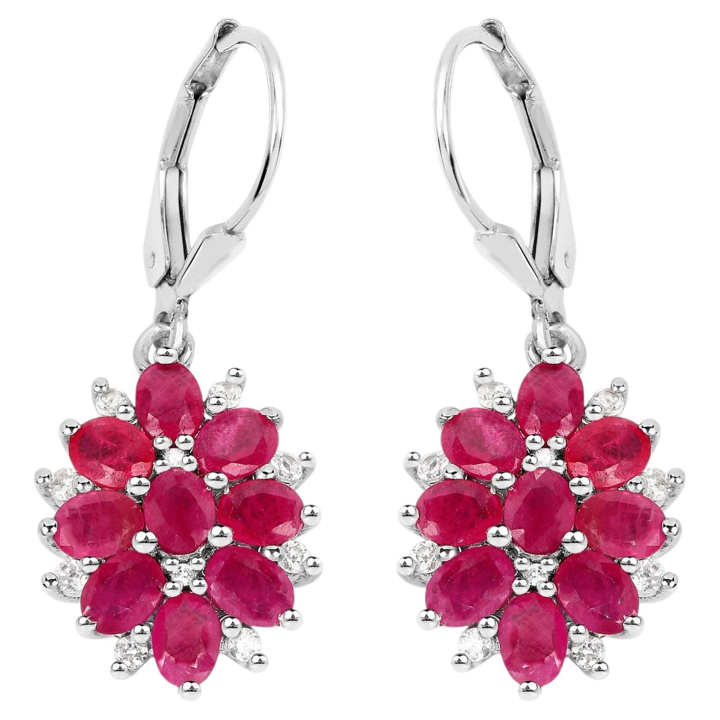 Ruby Earrings With White Zircon 4.24 Carats Sterling Silver For Sale