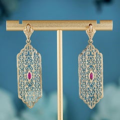 Ruby Edwardian Style Filigree Dangle Earrings in 9K Yellow Gold