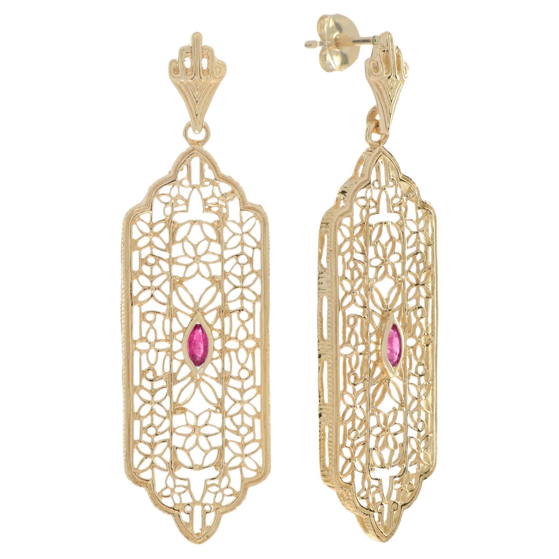 Ruby Edwardian Style Filigree Dangle Earrings in 9K Yellow Gold For Sale