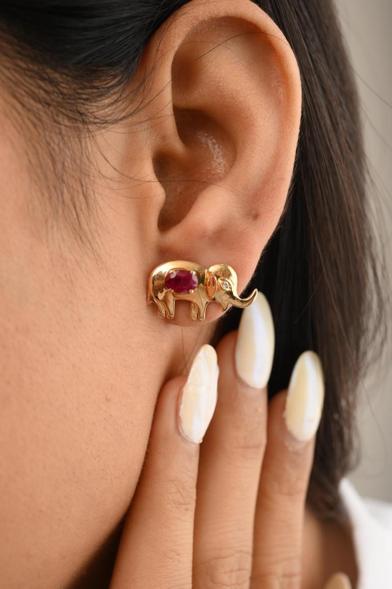 Real Ruby Elephant Pushback Stud Earrings with Diamond in 18K Gold to make a statement with your look. You shall need stud earrings to make a statement with your look. These earrings create a sparkling, luxurious look featuring oval cut ruby and