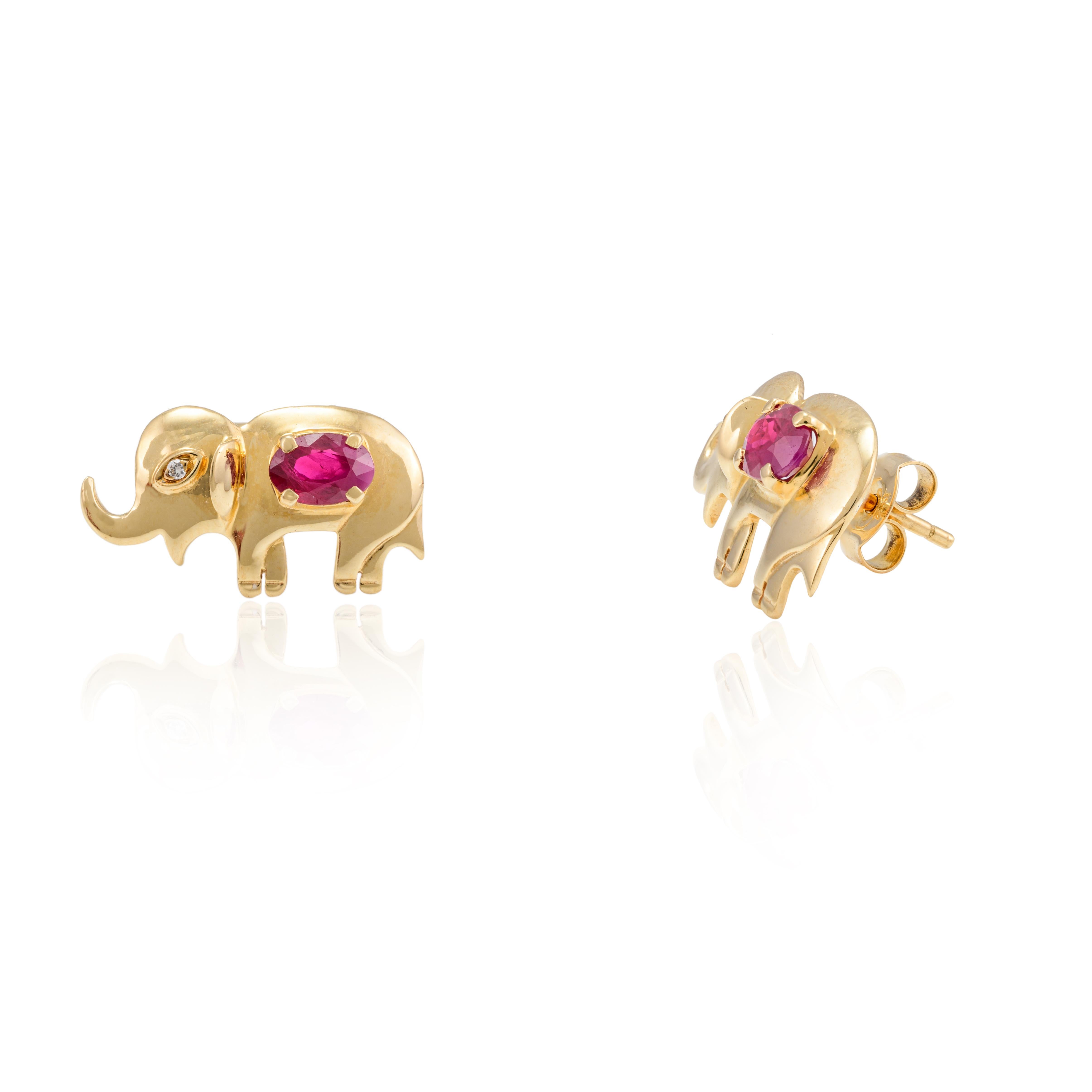 Art Deco Real Ruby Elephant Pushback Stud Earrings 18k Solid Yellow Gold, Gift For Her For Sale