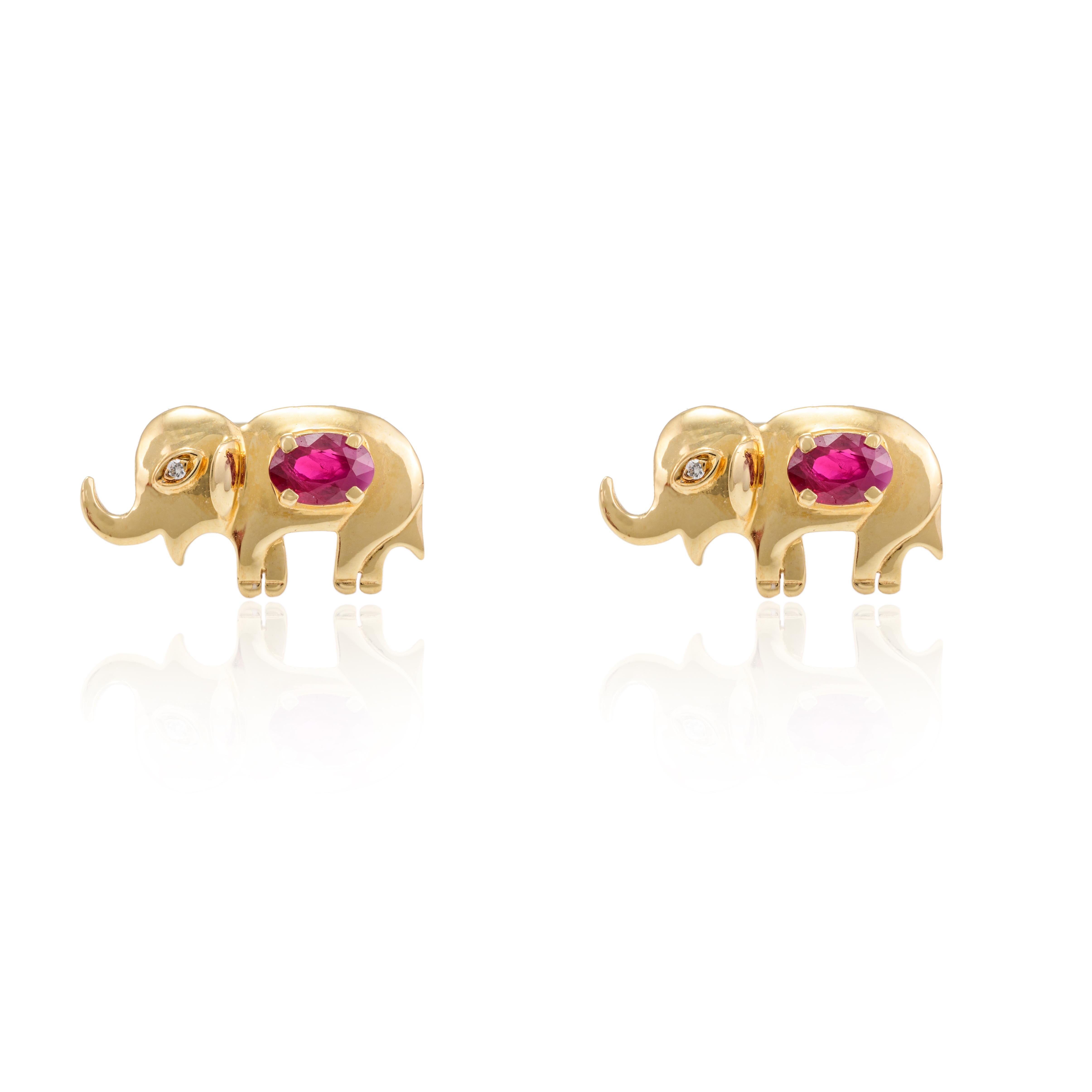 Real Ruby Elephant Pushback Stud Earrings 18k Solid Yellow Gold, Gift For Her In New Condition For Sale In Houston, TX