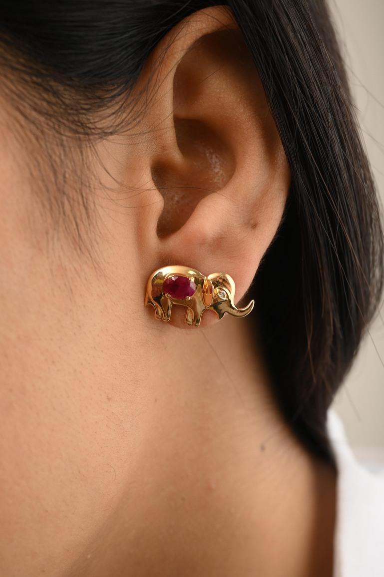 Boucles d'oreilles en or jaune massif 18k avec un vrai rubis et un éléphant, cadeau pour elle Pour femmes en vente