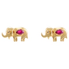 Real Ruby Elephant Pushback Stud Earrings 18k Solid Yellow Gold, Gift For Her