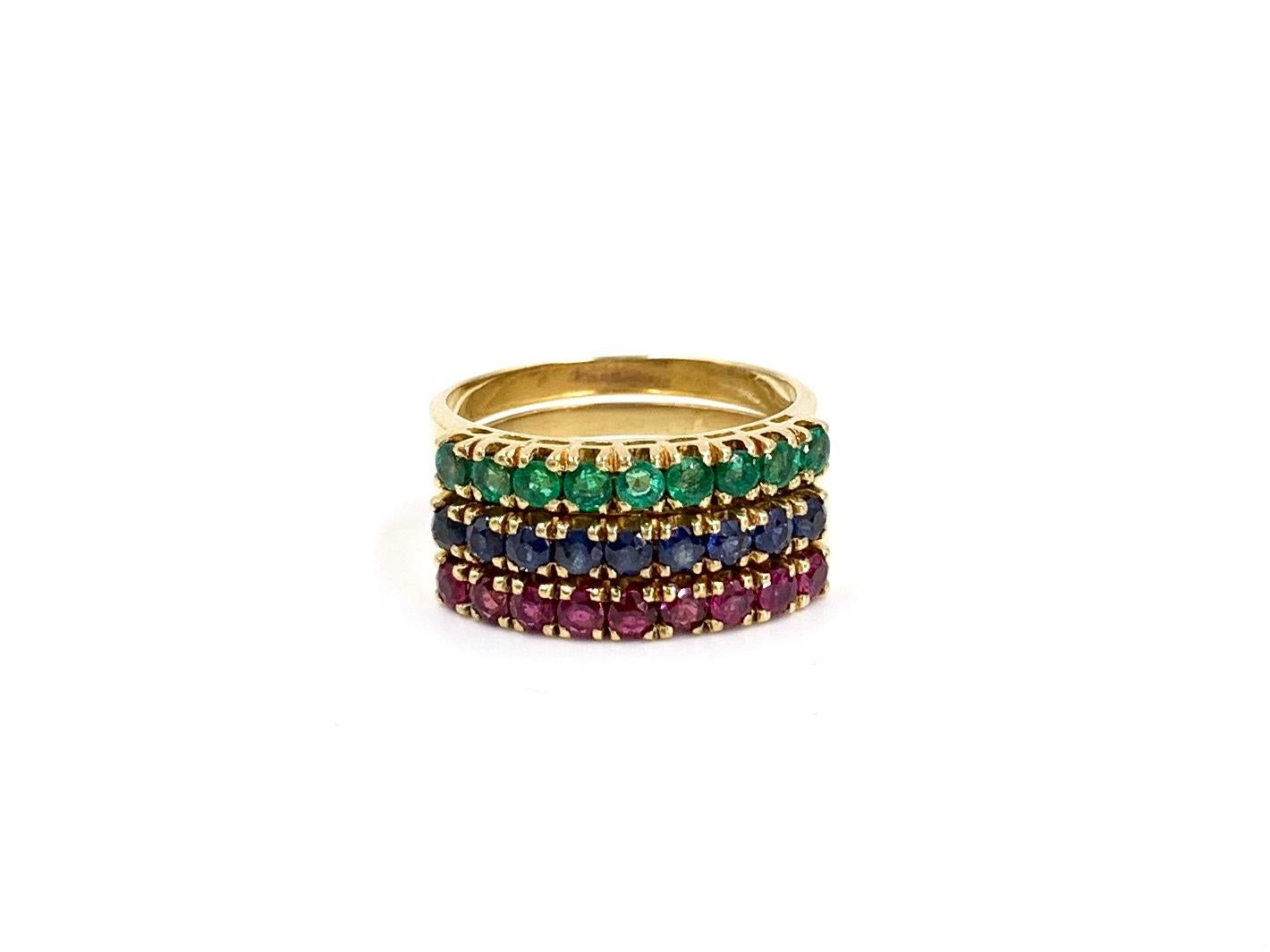 Round Cut Ruby, Emerald and Blue Sapphire 18 Karat Band Rings Set of Three