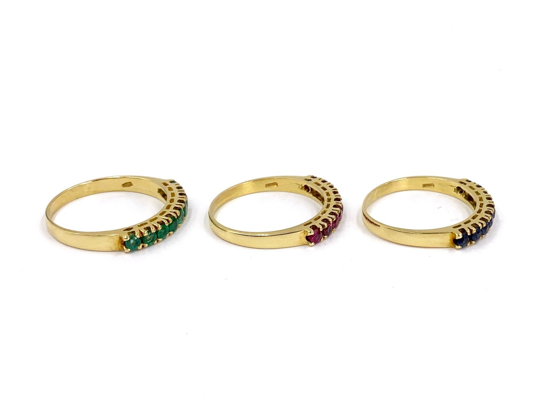 Ruby, Emerald and Blue Sapphire 18 Karat Band Rings Set of Three In Good Condition In Pikesville, MD