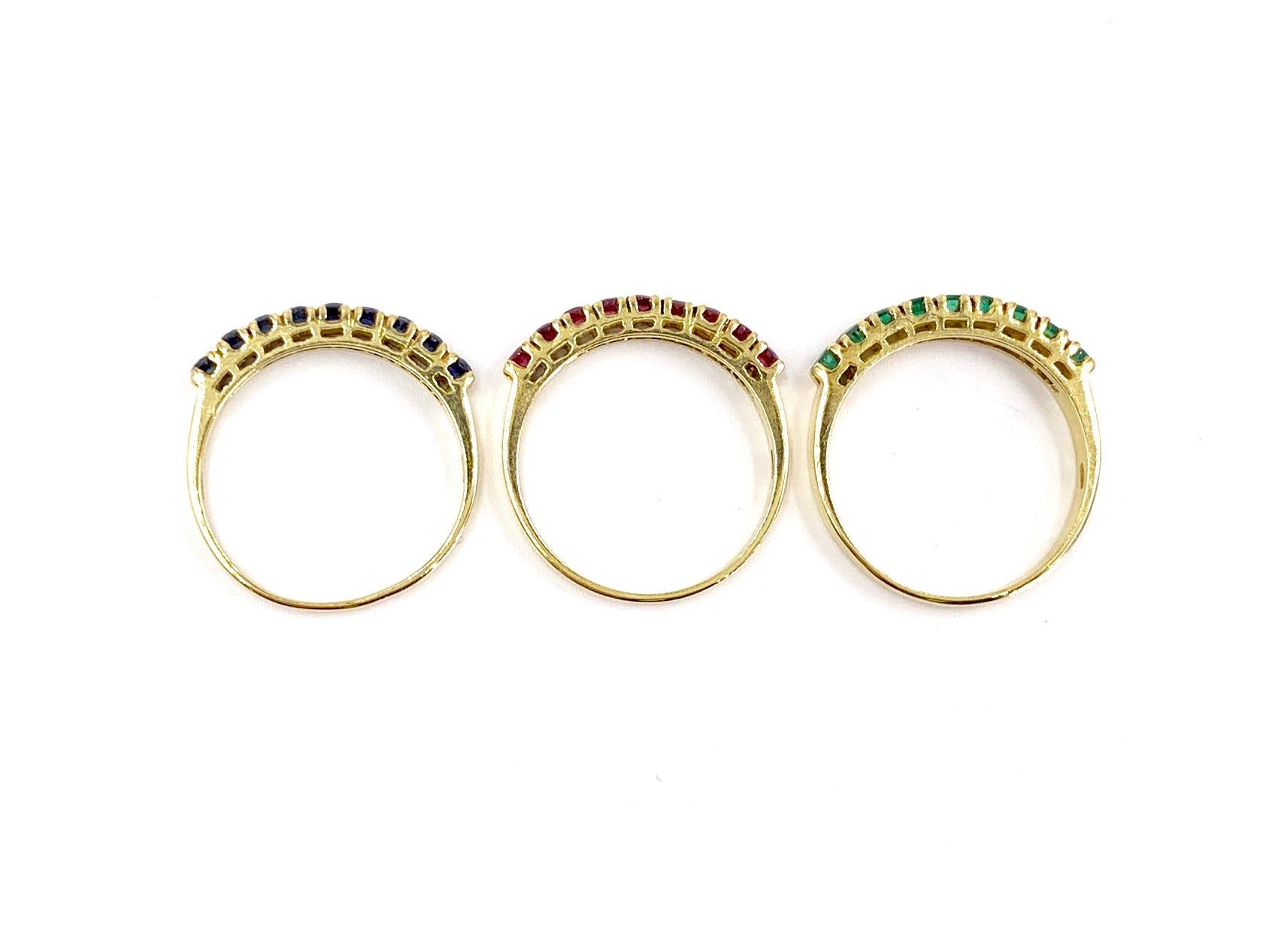 Ruby, Emerald and Blue Sapphire 18 Karat Band Rings Set of Three 2