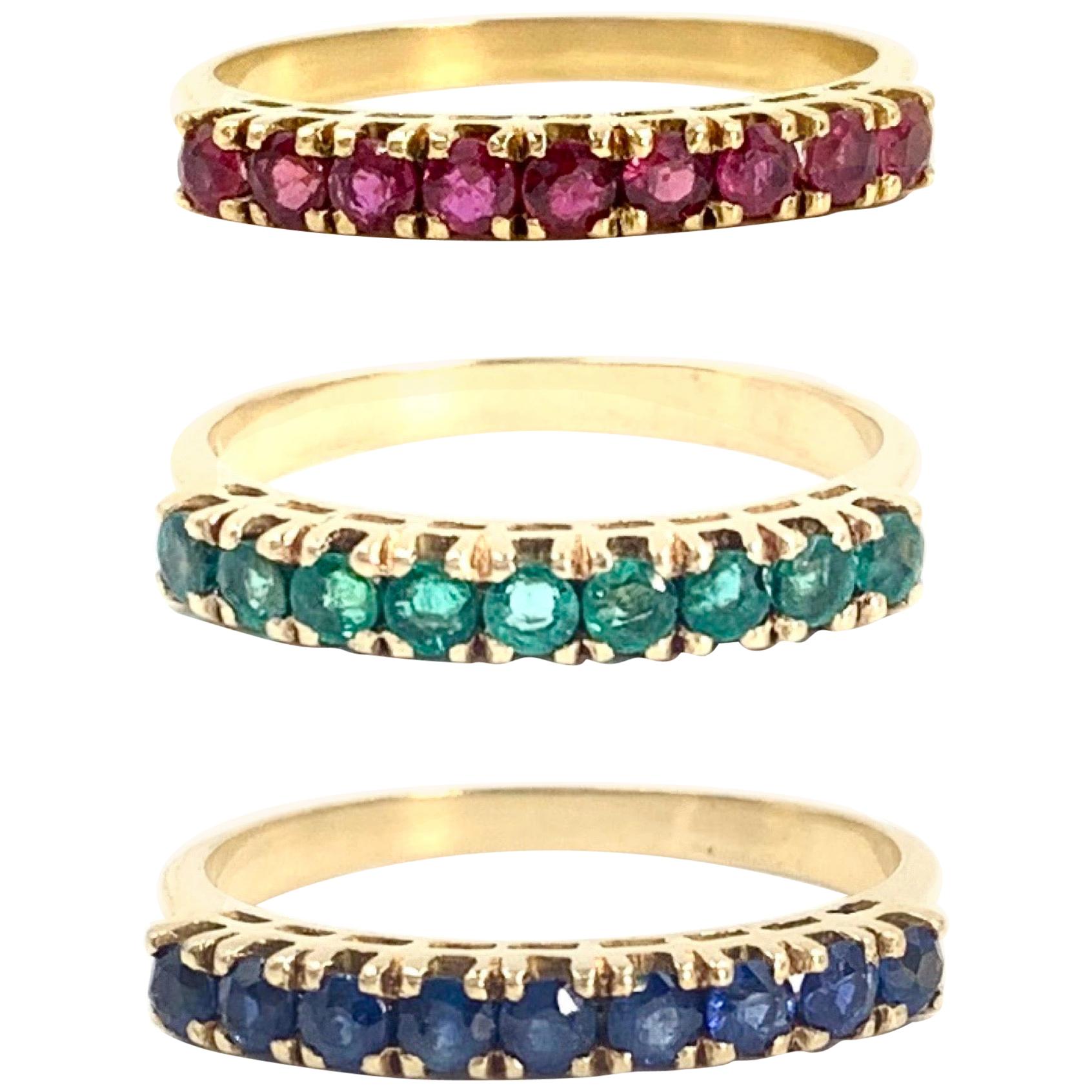 Ruby, Emerald and Blue Sapphire 18 Karat Band Rings Set of Three