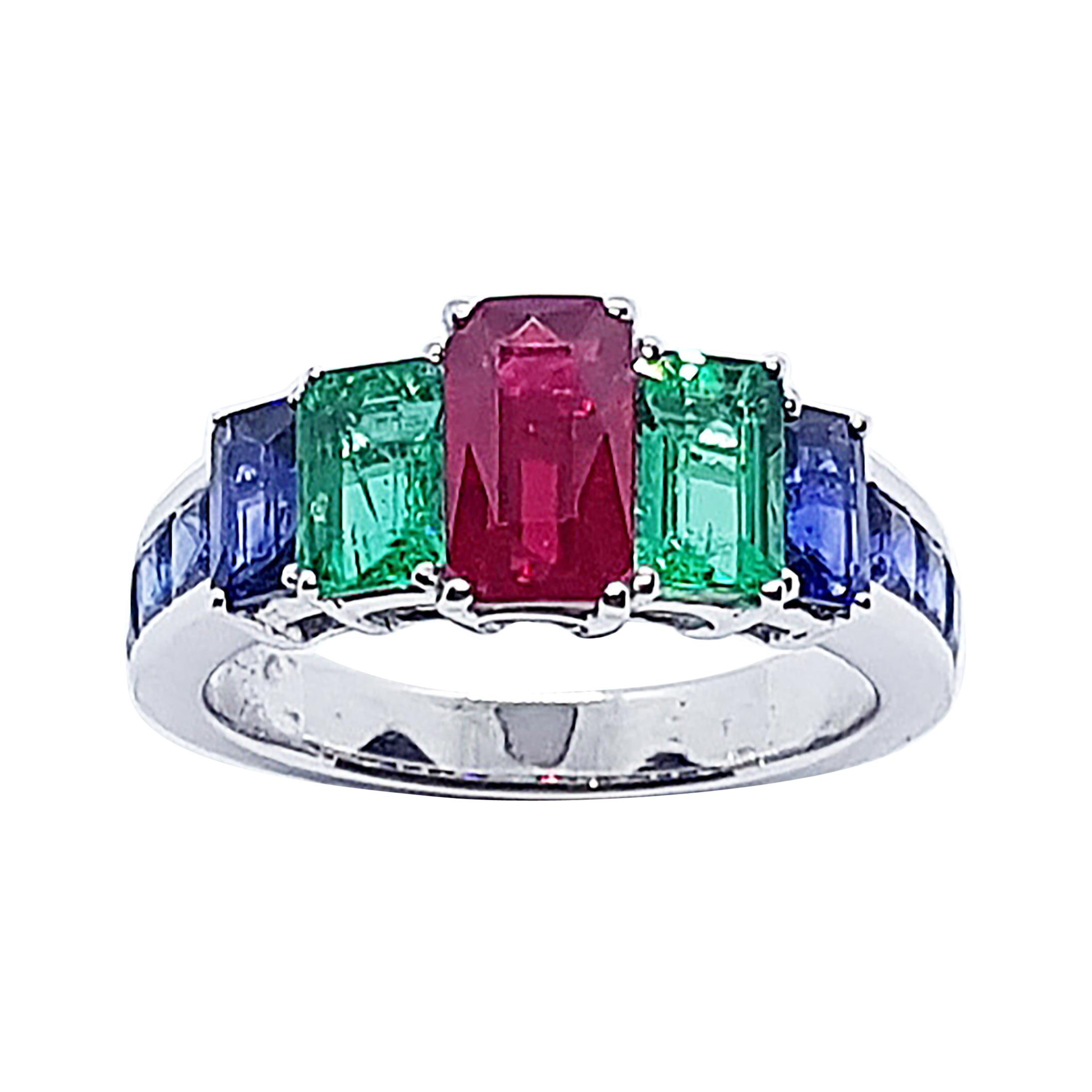 Ruby, Emerald and Blue Sapphire Ring Set in 18 Karat White Gold Settings