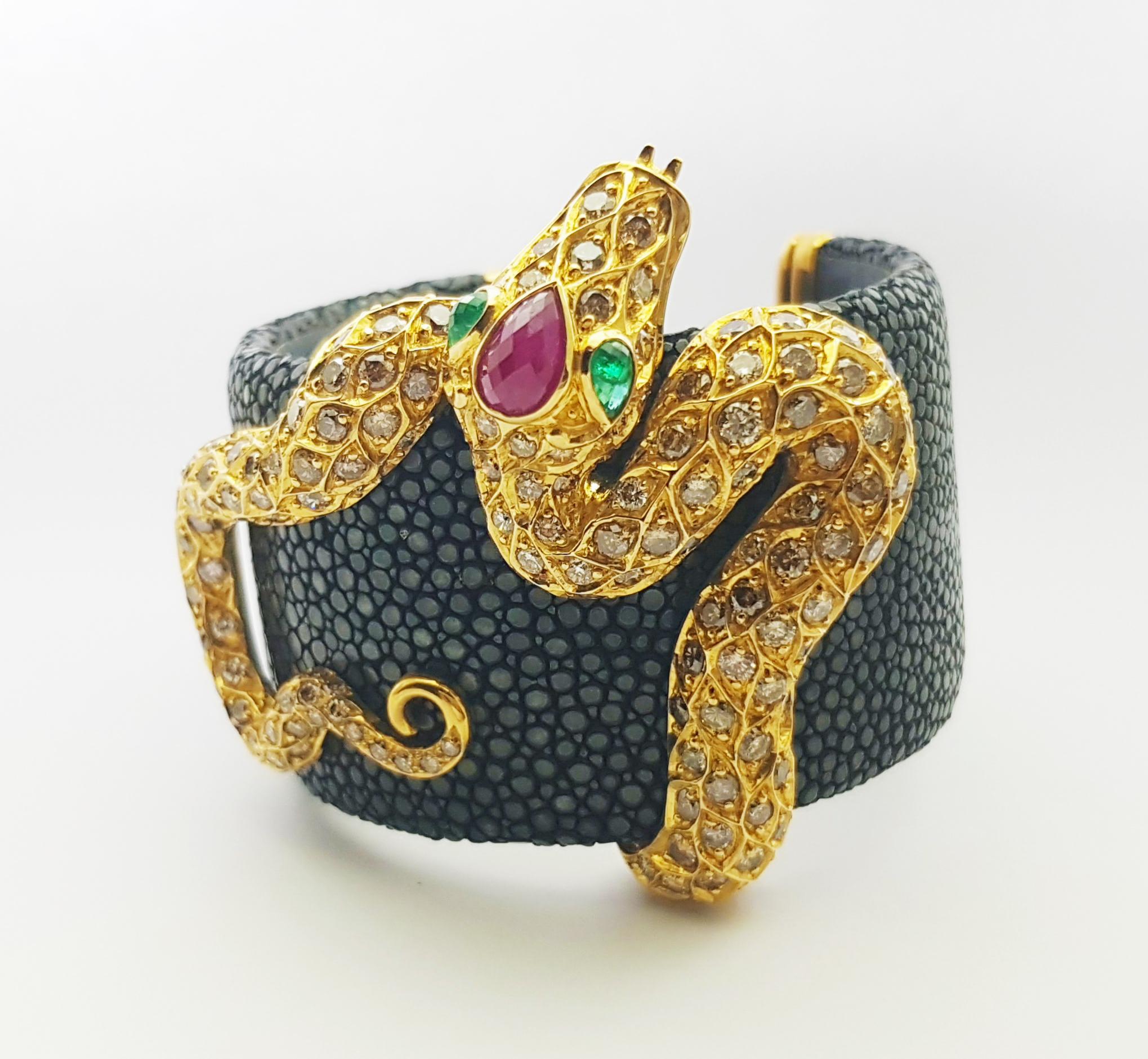Ruby, Emerald and Brown Diamond Snake Bangle in Stingray and 18K Gold Settings For Sale 6