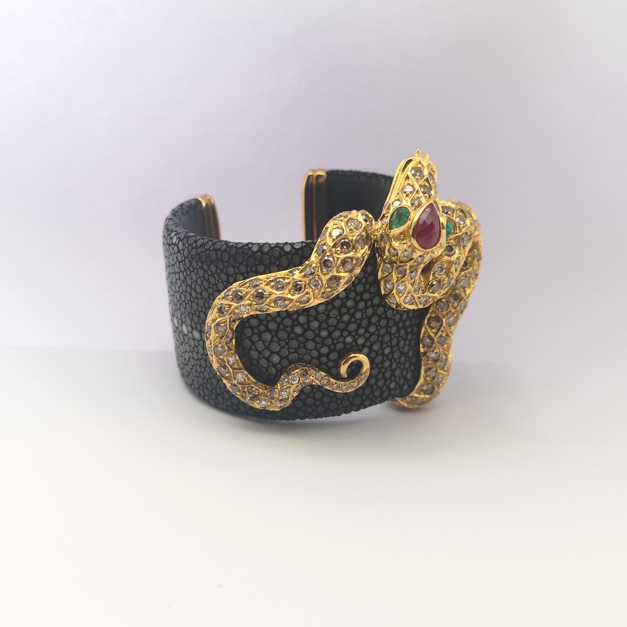 Ruby, Emerald and Brown Diamond Snake Bangle in Stingray and 18K Gold Settings For Sale 7