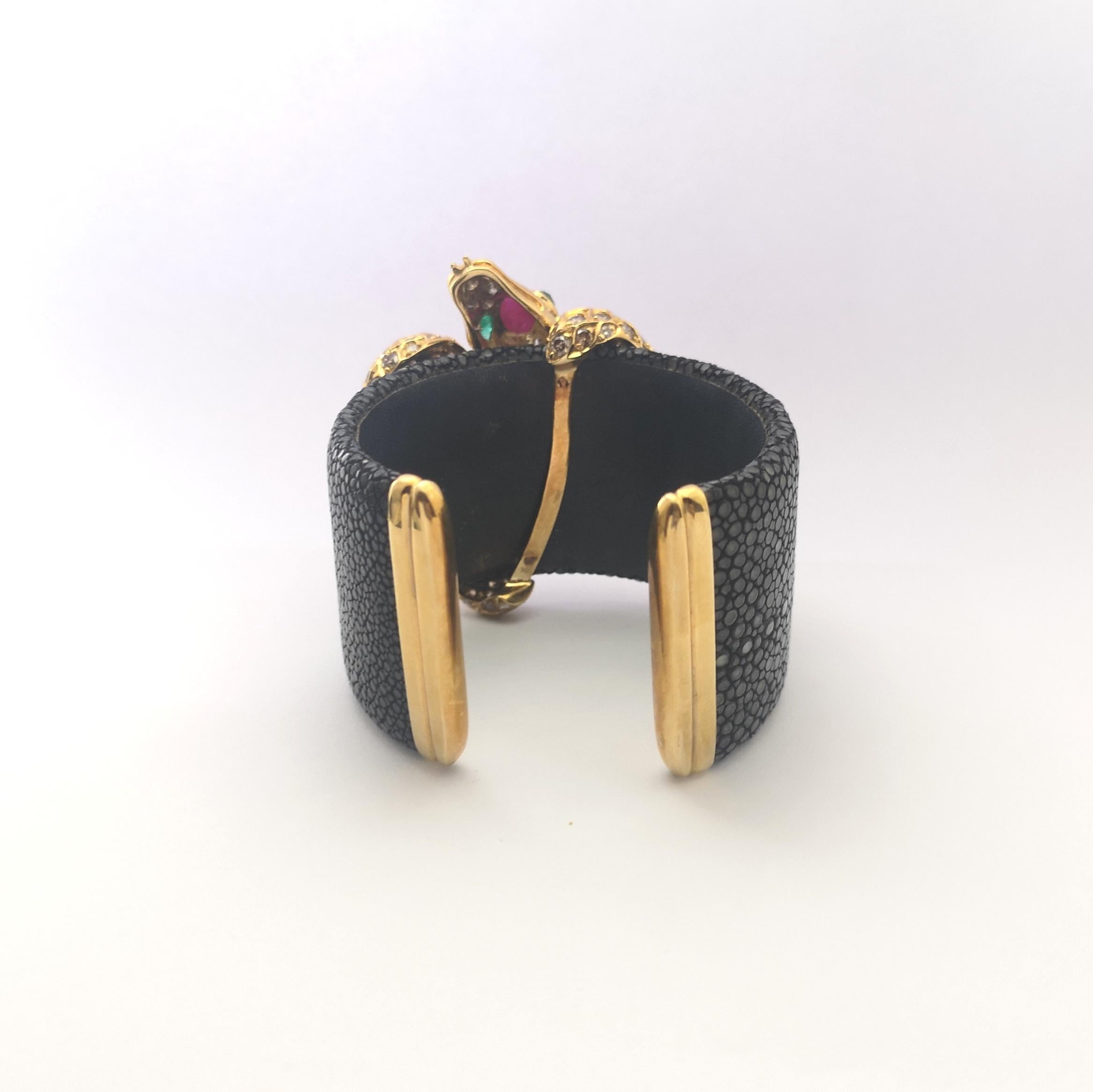 Ruby, Emerald and Brown Diamond Snake Bangle in Stingray and 18K Gold Settings For Sale 9