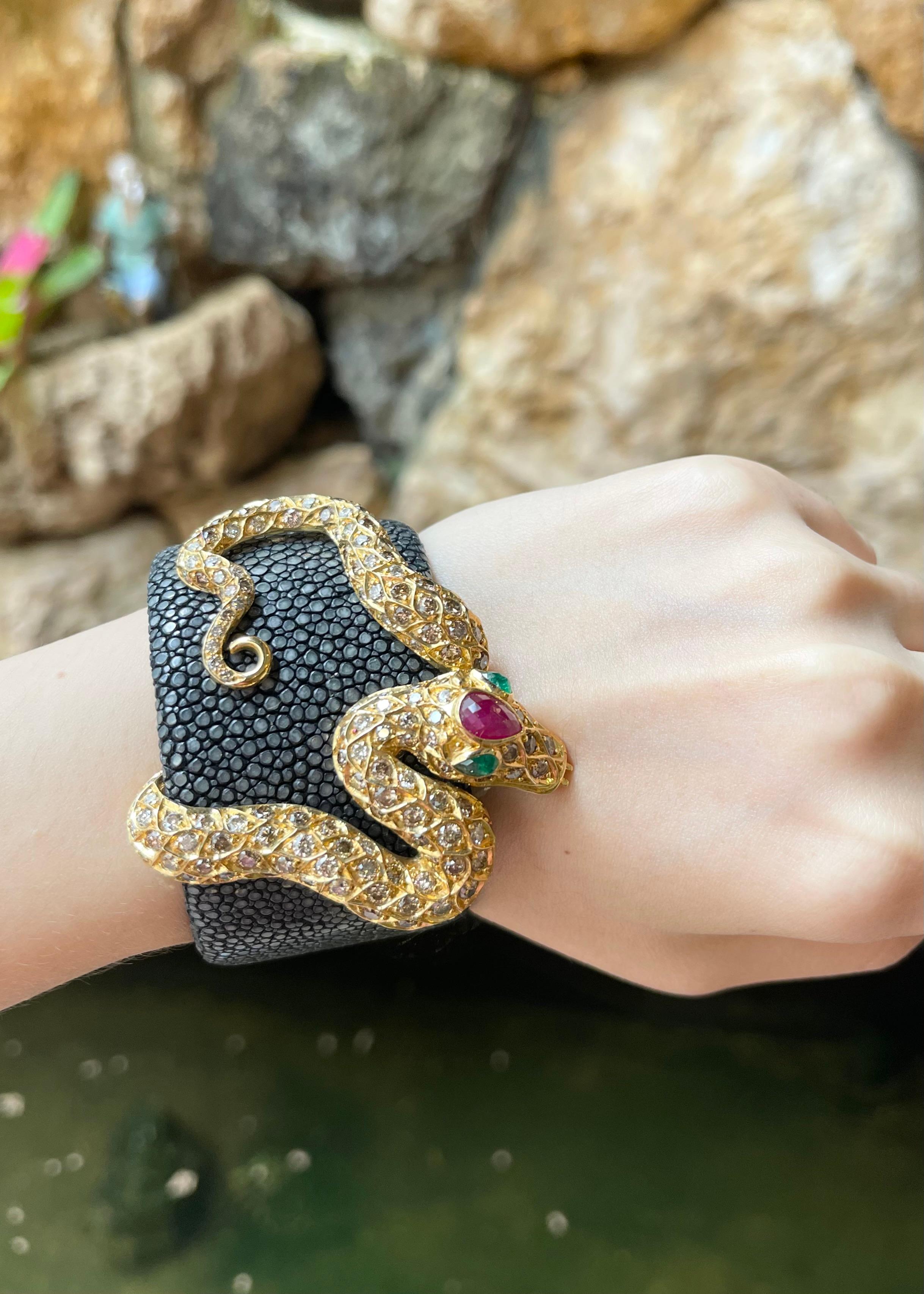 Women's Ruby, Emerald and Brown Diamond Snake Bangle in Stingray and 18K Gold Settings For Sale