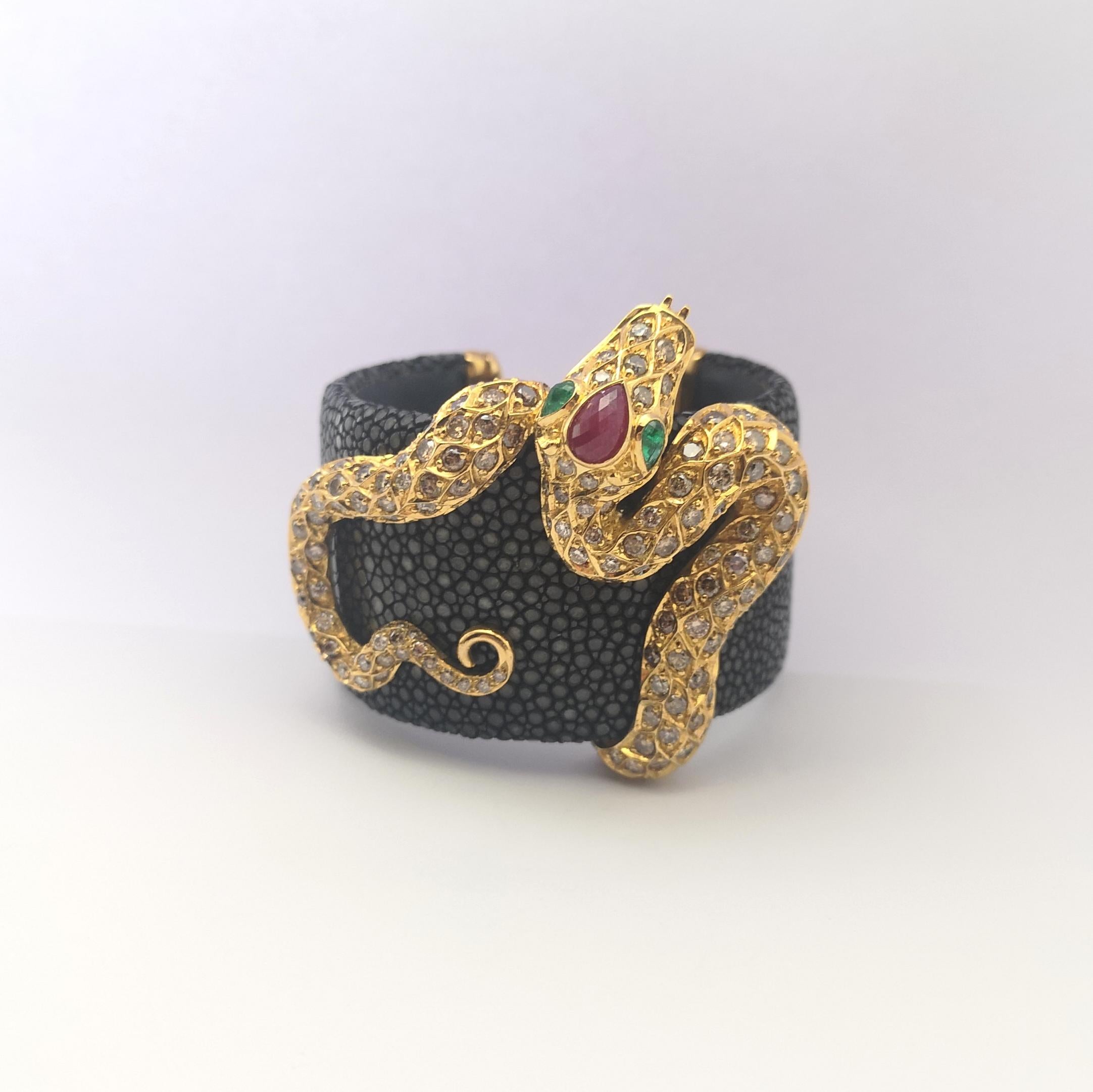 Ruby, Emerald and Brown Diamond Snake Bangle in Stingray and 18K Gold Settings For Sale 2