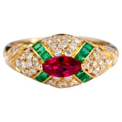 Ruby Emerald and Diamond 18-Karat Gold Dome Ring