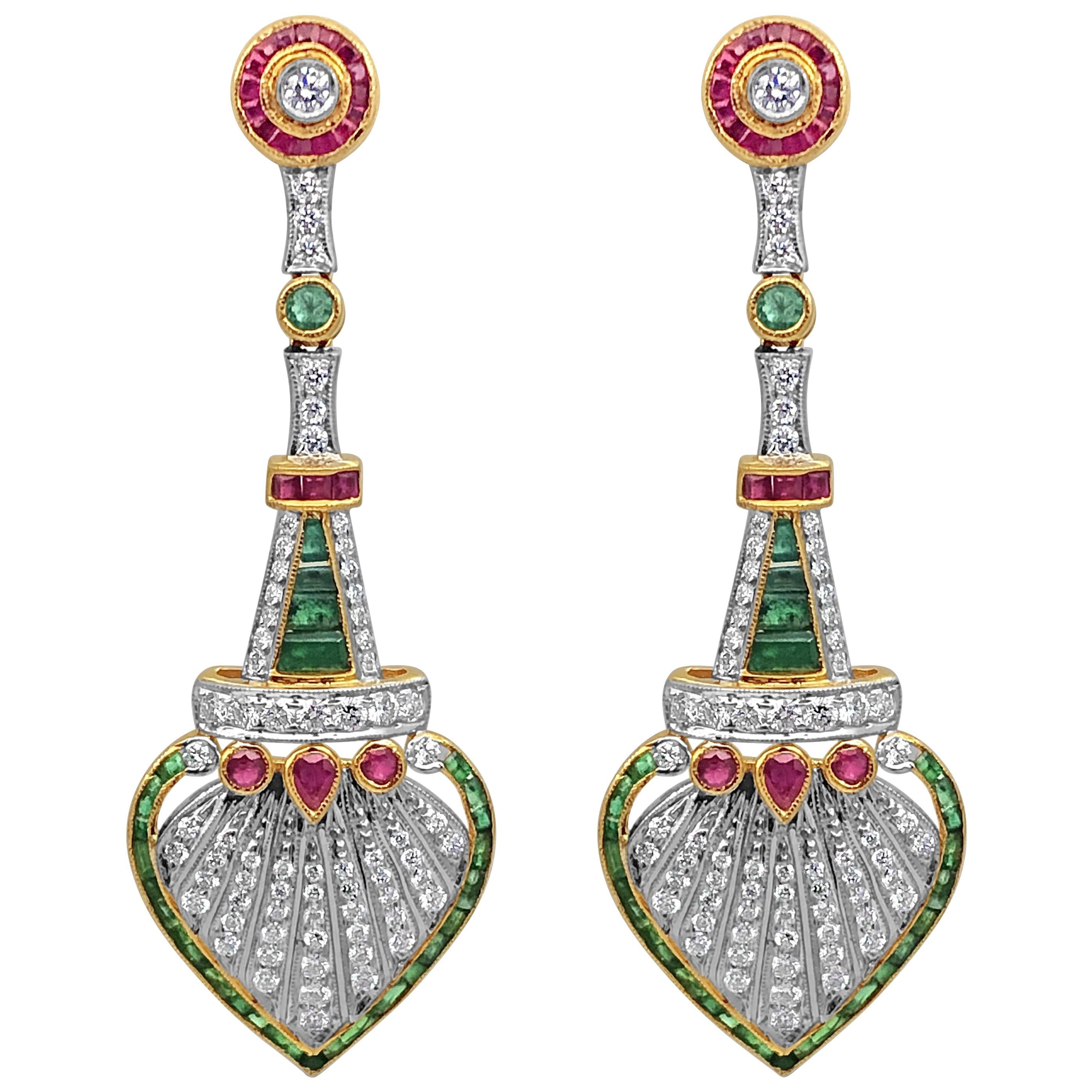 Ruby, Emerald and Diamond Art Deco Earrings, 18 Karat Gold