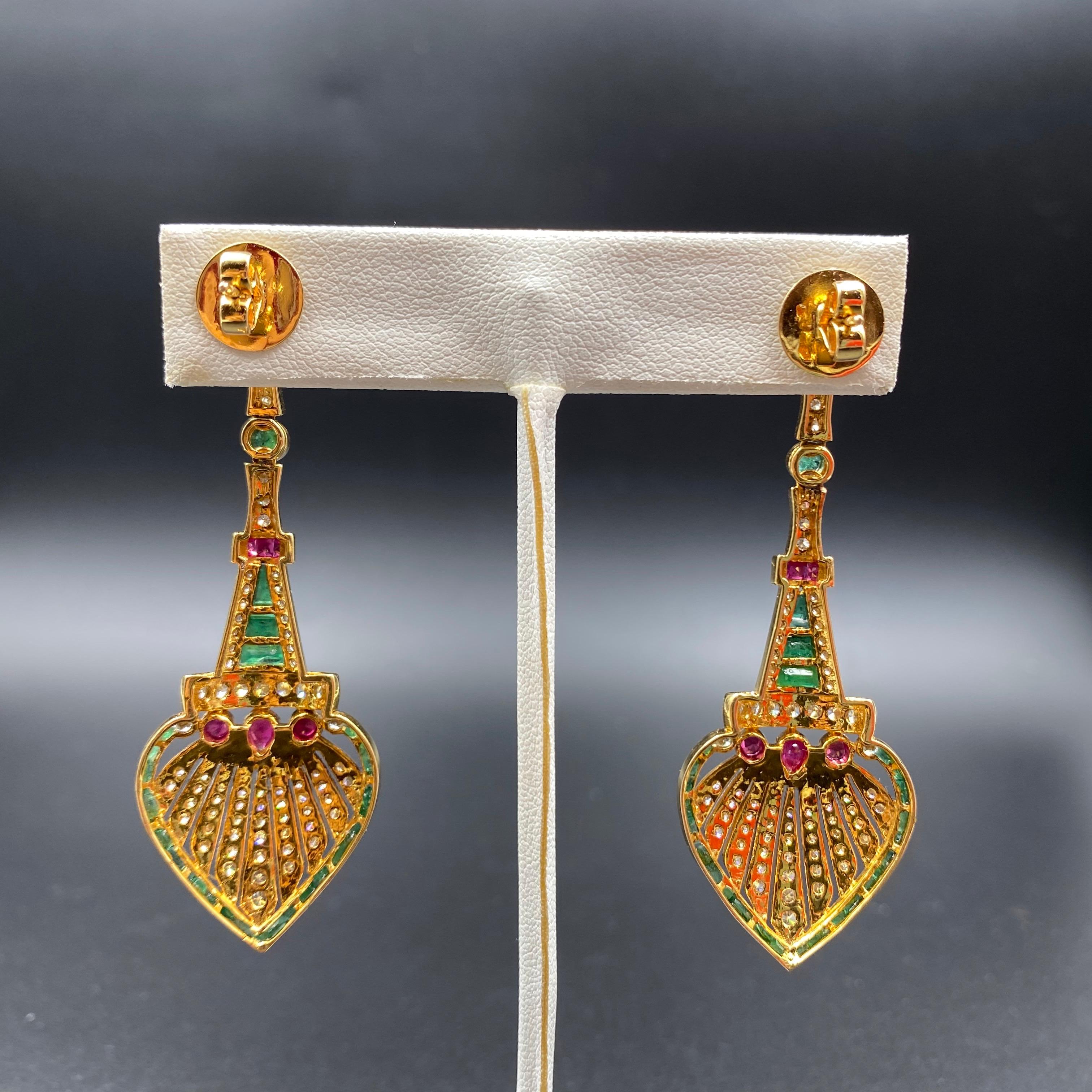 Women's or Men's Ruby, Emerald and Diamond Art Deco Earrings, 18 Karat Gold