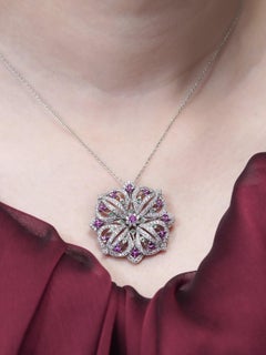 Ruby Emerald and Diamond Art Deco Style Floral Pendant in 14K White Gold