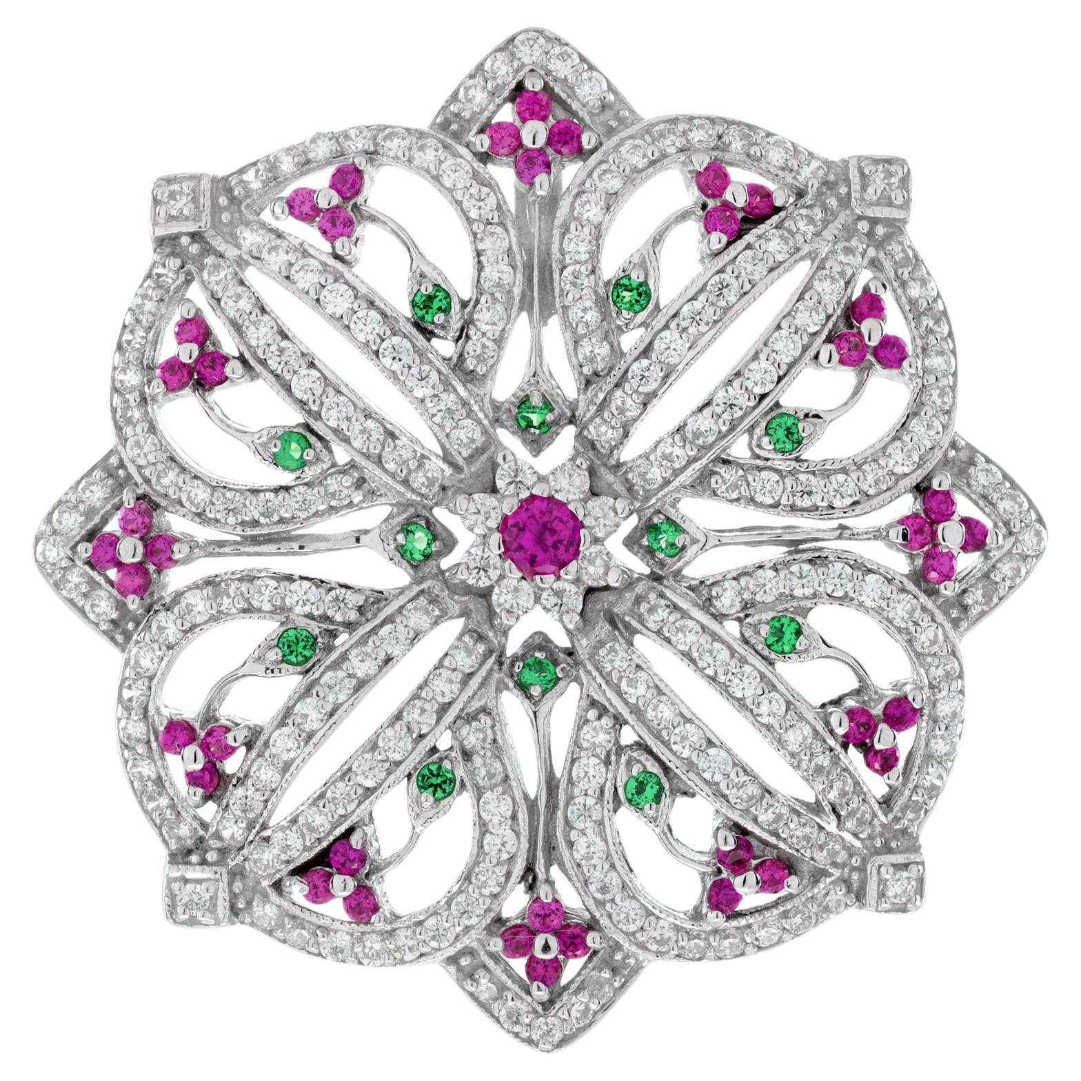 Ruby Emerald and Diamond Art Deco Style Floral Pendant in 14K White Gold For Sale