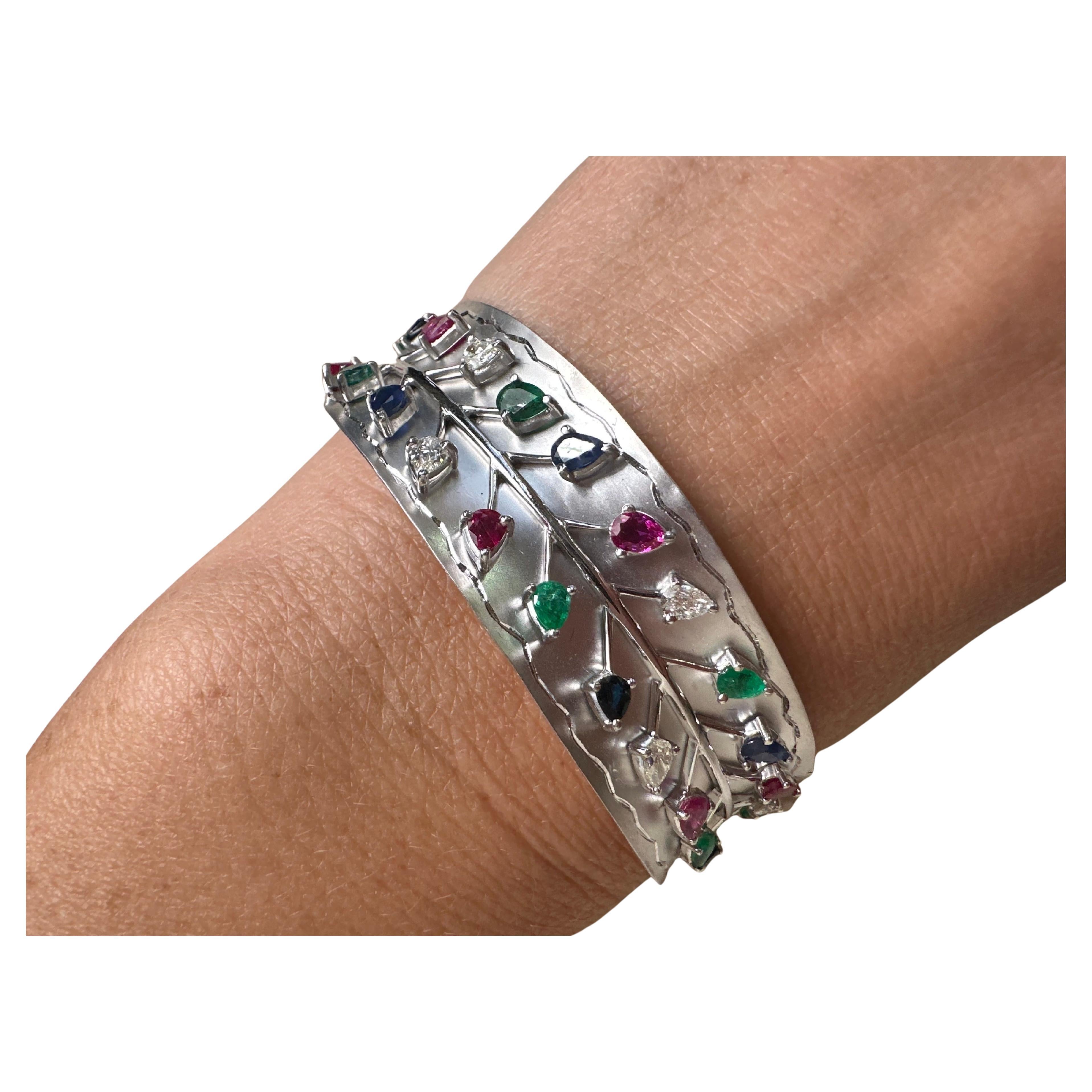 Ruby, Emerald and Diamond bangle bracelet 18KT gold modern bracelet