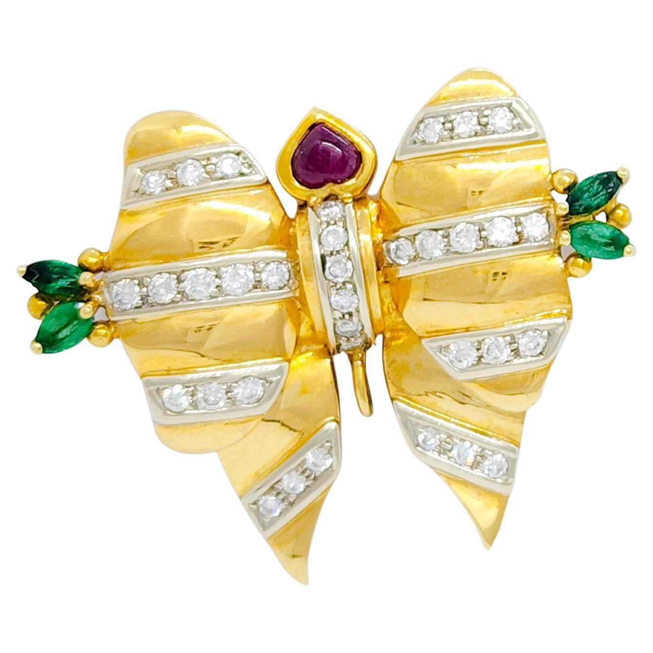 Ruby, Emerald, and Diamond Butterfly Brooch in 18k Yellow Gold