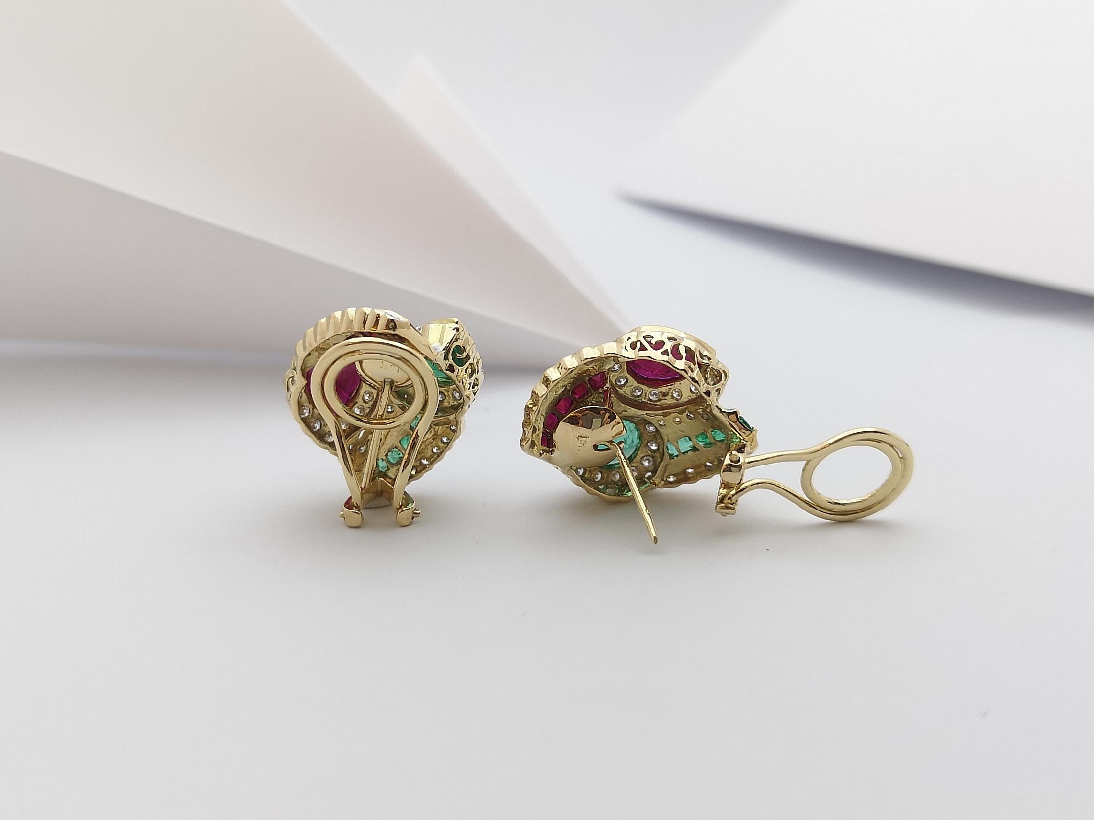 Ruby, Emerald and Diamond  Earrings set in 18 Karat Gold Settings For Sale 5