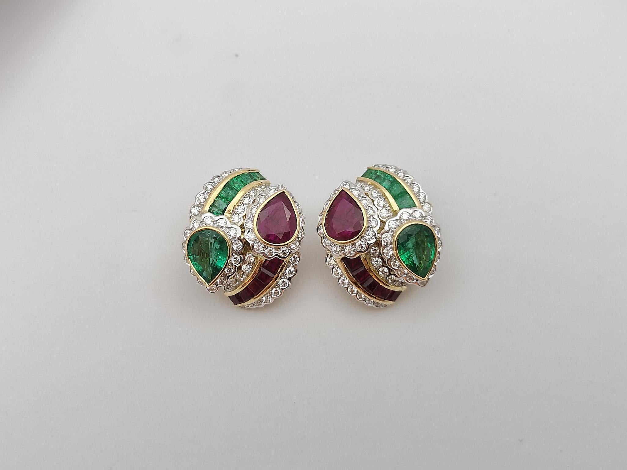 Mixed Cut Ruby, Emerald and Diamond  Earrings set in 18 Karat Gold Settings For Sale