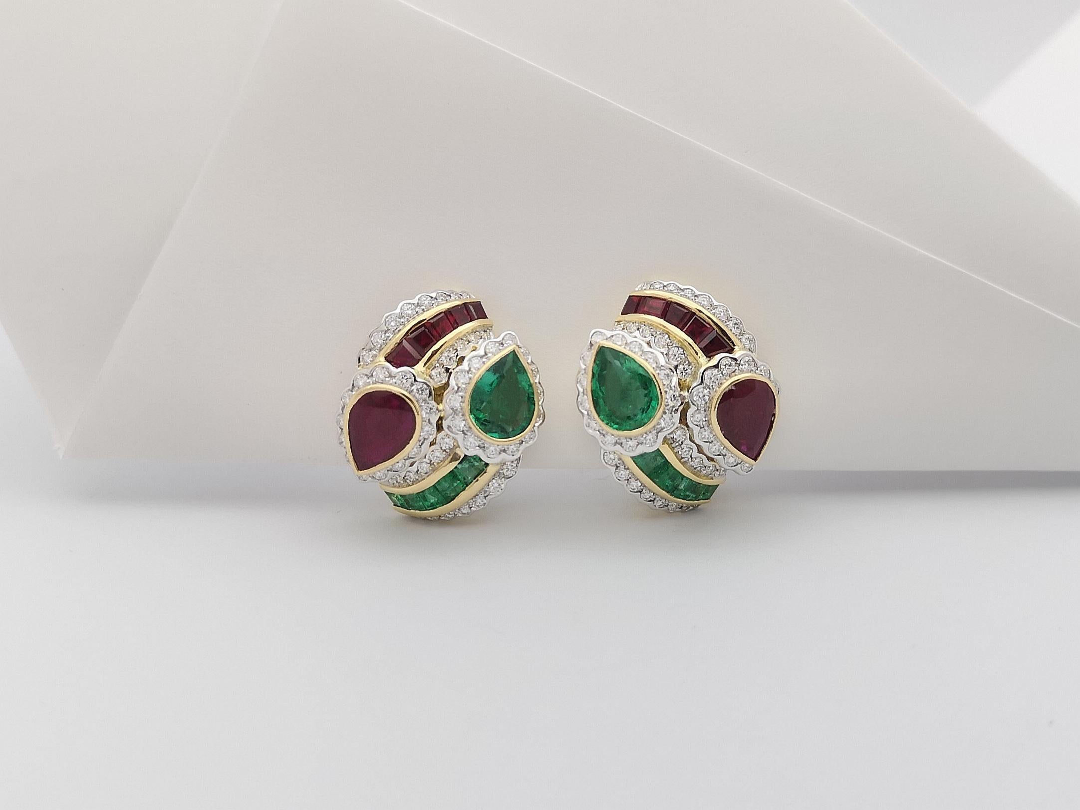 Women's Ruby, Emerald and Diamond  Earrings set in 18 Karat Gold Settings For Sale