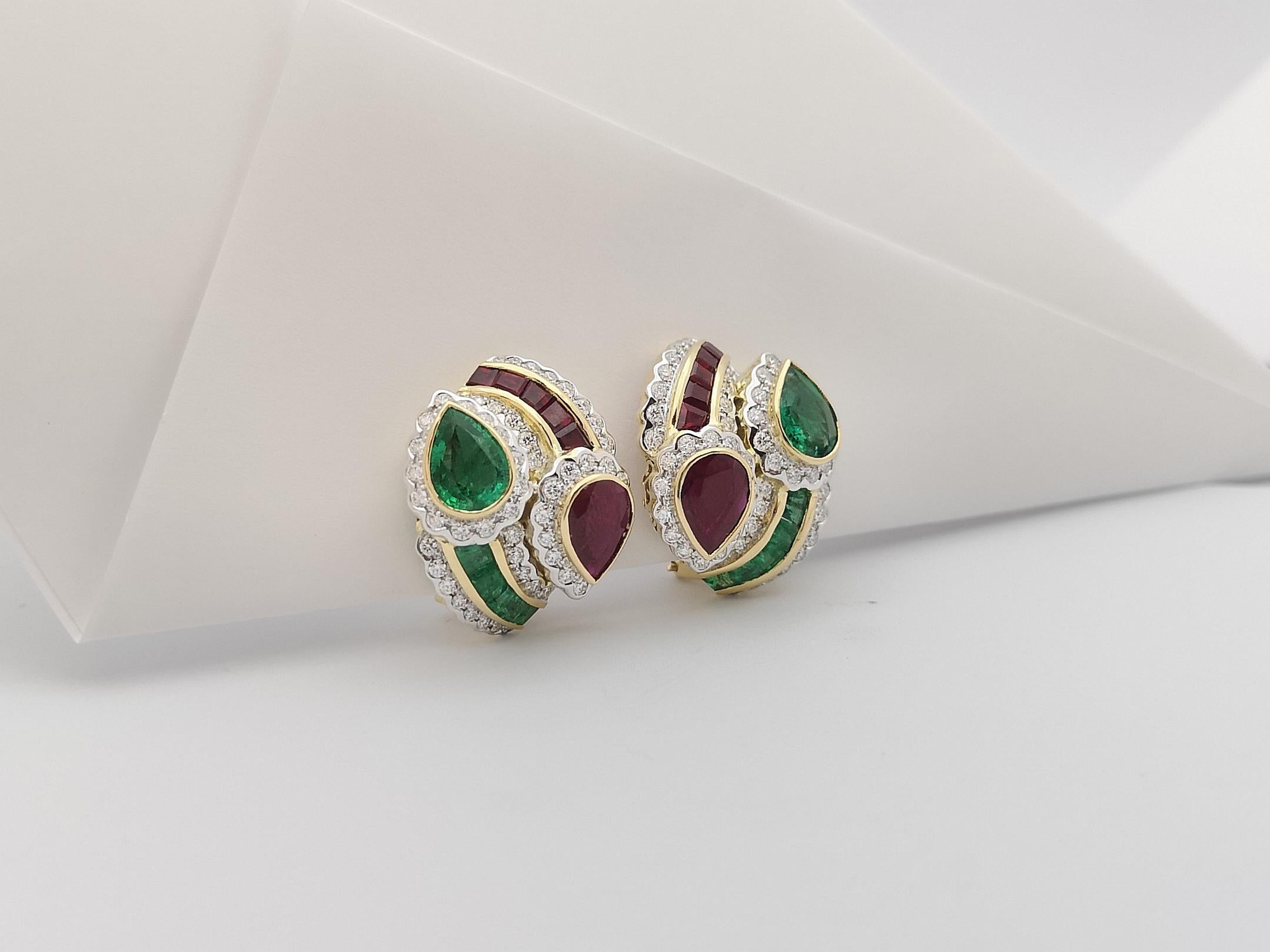 Ruby, Emerald and Diamond  Earrings set in 18 Karat Gold Settings For Sale 2
