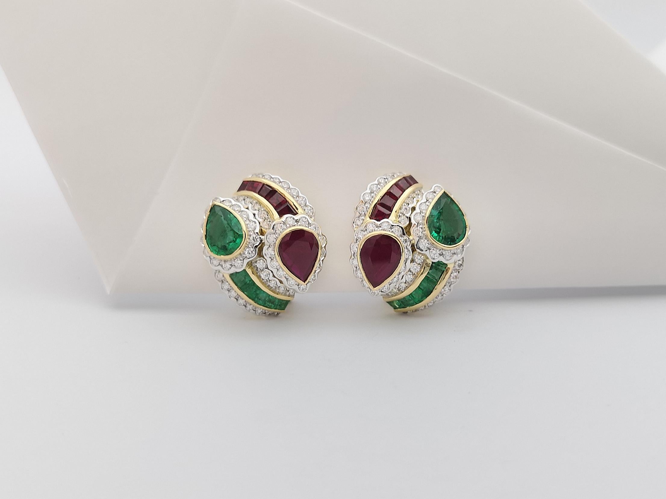 Ruby, Emerald and Diamond  Earrings set in 18 Karat Gold Settings For Sale 3