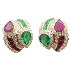 Ruby, Emerald and Diamond  Earrings set in 18 Karat Gold Settings