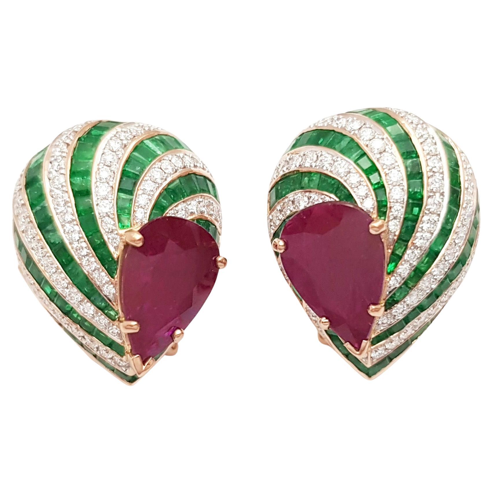 Ruby, Emerald and Diamond Earrings set in 18K Rose Gold Settings