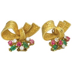 Ruby Emerald and Diamond Gold Ribbon Clip on Earrings