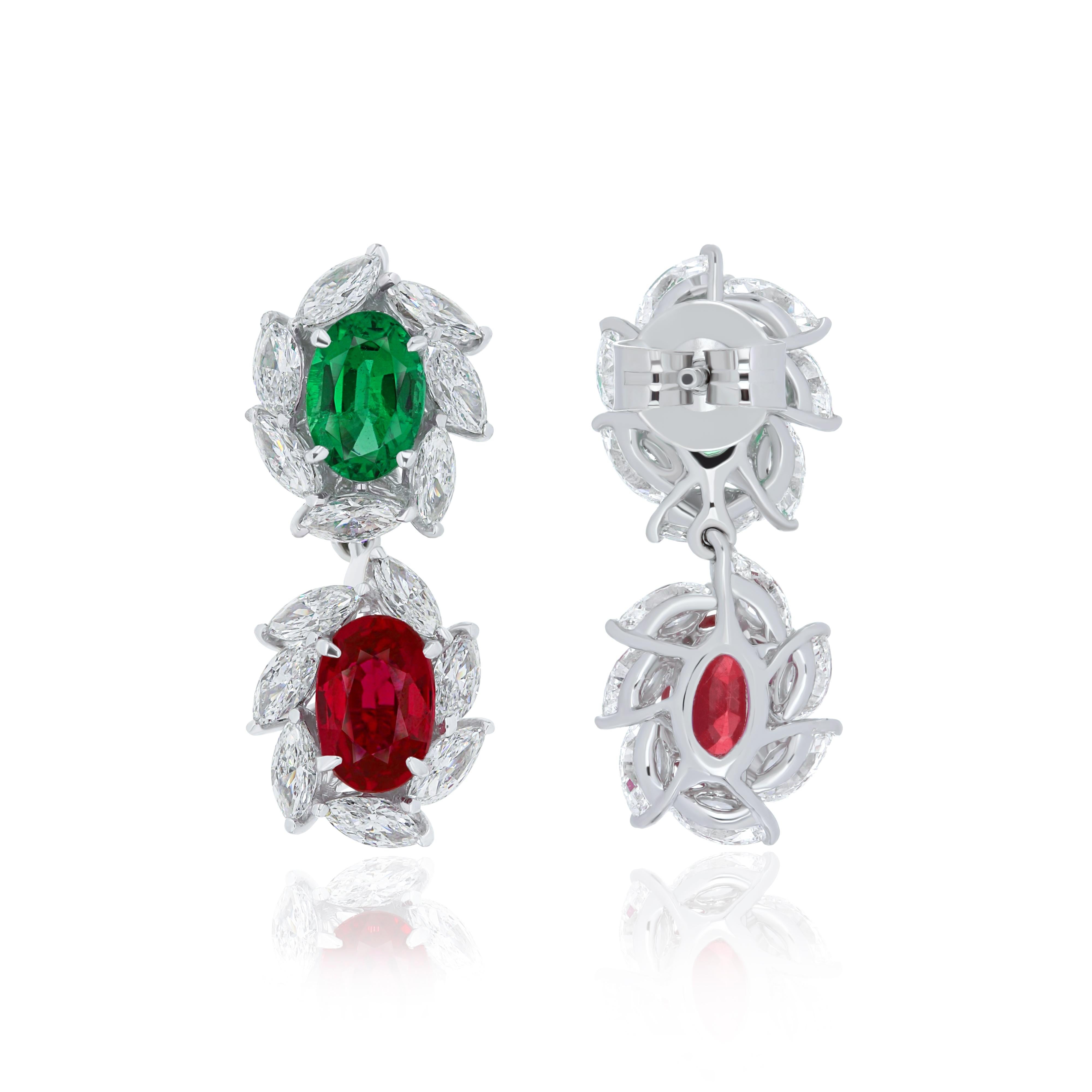 Oval Cut Ruby, Emerald and Diamond Studded Earrings in 18 Karat White Gold For Sale